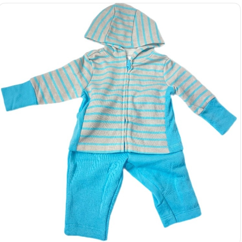 Hanes Hoodie and Pants 2pc Set Baby 0-6M Blue Grey Striped ‎ Fleece Zip Up - Picture 2 of 13